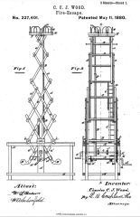Wood's 1880 fire escape patent illustration cited & discussed at InspectApedia.com