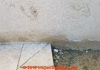 Effloresence white fuzz on exterior stucco wall (C) InspectApedia.com MJ