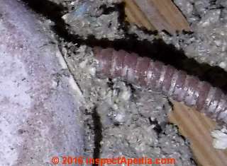 Rust on recessed light armored cable "whips" in a Florida attic (C) InspectApedia.com CB