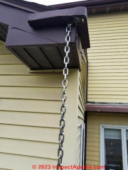 Rain chain as an alternative to roof gutters (C) Daniel Friedman at InspectApedia.com