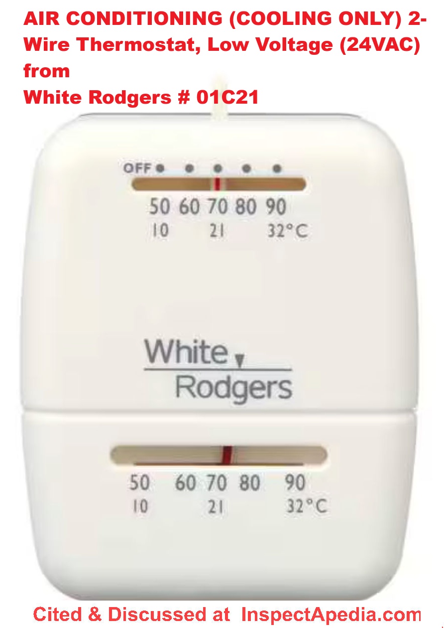 cooling only or air conditioning low voltage (24VAC) thermostat produced by White Rdogers, their Mechanical Cool Only Thermostat, 0 H, 1 C, Hardwired, 24VAC Mfr # 01C21 101S1
