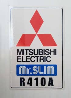 Mitsubishi Mr. Slim R410A compressor/condenser label (C) InspectApedia.com