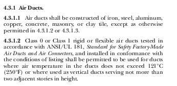 NFPA 4.3.1 code on air duct materials at InspectApedia.com