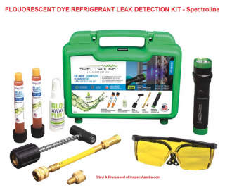 Dye kit for detecting refrigerant leaks, Spectroline at Grainge.com - cited & discussed at InspectApedia.com