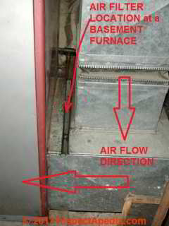 Air filter slot at the return air inlet at the bottom of a basement air handler (C) Daniel Friedman