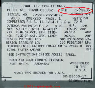 Ruud A/C compressor unit data tag (C) InspectApedia.com Thomas