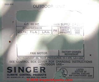 Singer air conditioner data tag, defaced (C) InspectApedia.com