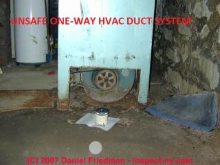 Photograph of one-way return air on basement AHU also may draw flue gases from nearby gas fired equipment