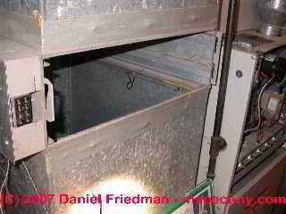 Photograph of surprise leak in basement AHU also may draw flue gases from nearby gas fired equipment