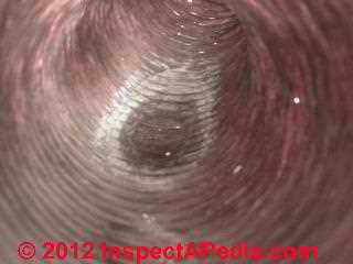 Wet spot in flex duct © D Friedman at InspectApedia.com 