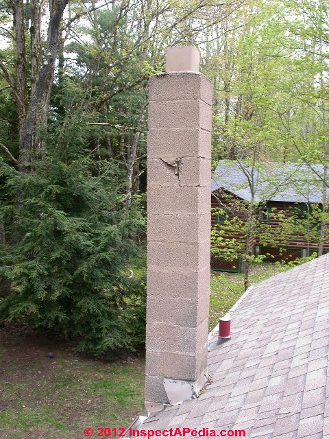 Cracked Concrete Block Chimneys:Detailed Inspection & Photo Guide to diagnosing and acting on cracks in a concrete block chimney Cracked concrete block chimneys risk unsafe chimney flues