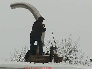 Inserting stainless steel liner into a prepared chimney flue to re-line the flue (C) InspectApedia.com A Church