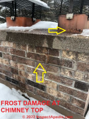 Damage visible at the chimney top: frost cracking masonry chimney top sides and spalling at the clay chimney liner (C) InspectApedia.com A H Church