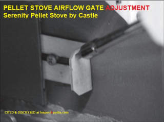 Pellet stove air gate adjustement Serenity Pellet stoves by Castle cited & discussed at InspectApedia.com