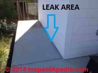 Areas of leaks along abutment of concrete porch to house (C) InspectApedia SK