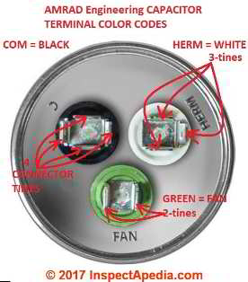 AMRAD Engineering Inc. capacitors (and some others) add a color code to help identify the correct capactior C F Herm terminals (C) InspectApedia.com