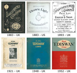 Example of antique lamp catalogs from the Deison & Swan, Ediswan and Royal Ediswan companies as well as British Thompson-Houston, available at J Hooker's Museum of Electric Lamp Technology cited at InspectApedia.com