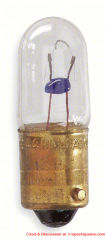 Bayonet type bulb or lamp, shown is a single contact incandescent T3-1/4 minature Bayonet (BA9s) 5-Watt Incandescent bulb by GE, cited & discussed at Inspectapedia.com
