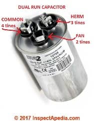 Dual capacitor for AC Condenser Unit indicating the connector functions (C) InspectApedia.com