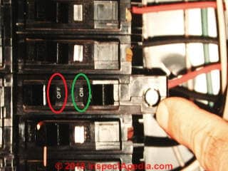 Circuit breaker with OFF marked right on the switch (C) Daniel Friedman at InspectApedia.com