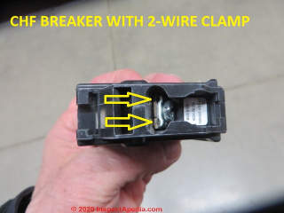 Cutler Hammer CHF circuit breaker using a clamp appearing to accept two electrial wires (C) Daniel Friedman at InspectApedia.com