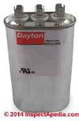 Dayton dual motor run capacitor, # 6FLP0, 440C, 35/3 MFD, 4 1/8" oval capacitor (C) InspectApedia.com