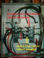 How to idenitfy double pole and single pole circuit breakers in the panel (C) Daniel Friedman at InspectApedia.com