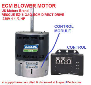 ECM Blower motor used on some HVAC systems, EZ16 from US Motors cited & discussed at InspectApedia.com