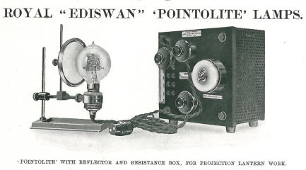 Ediswan PointoLite projector lamp system at InspectApedia.com and from the company's 1921 catalog