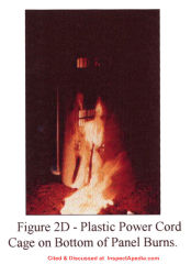 Electro kindling example: plastic parts of this electric heater ignite and burn vigorously - Aronstein 1996 cited & discussed at InspectApedia.com
