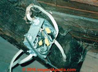 Improper extension to knob and tube wiring (C) Daniel Friedman InspectApedia.com