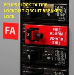 Fire Alarm circuit breaker safety lock  - mechanical - at InspectApedia.com produced by SpaceAge Electronics, marketed as the ECLIPS ELOCK-FA, E-SERIES ELOCK FIRE LOCKOUT KIT - CIRCUIT BREAKER LOCK 