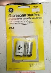 Florescent light starter showing that modern GE brand starters for fluorescent lights are very fragile and poorly made (C) Daniel Friedman at InspectApedia.com