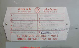 Frank Adam electrical panel identification label (C) InspectApedia.com Lawrence Transue cited