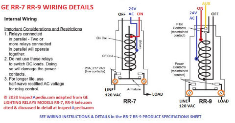 GE RR-7 or RR-9 lighting / motor switching relay control wiring details cited & discussed at InspectApedia.com