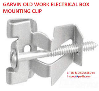 Garvin old work electrical box mounting clips cited & discussed at InspectApedia.com