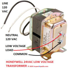 Honeywell 24VAC Low Voltage Transformer wiring details (C) InspectApedia.com