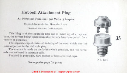 Hubbell's two bladed co planer or flat attachment plug and socket from the 1906 Hubbell catalog - cited & discussed at InspectApedia.com 