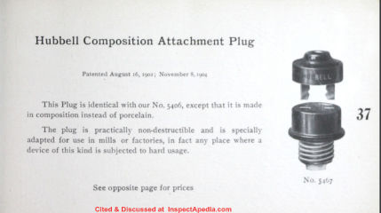 Hubbell's two bladed co planer or flat attachment plug and socket from the 1906 Hubbell catalog - cited & discussed at InspectApedia.com