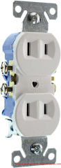 Modern Hubbell type duplex non-grounded electrical receptacle for use on circuits where no ground is present - cited & discussed at InspectApedia.com