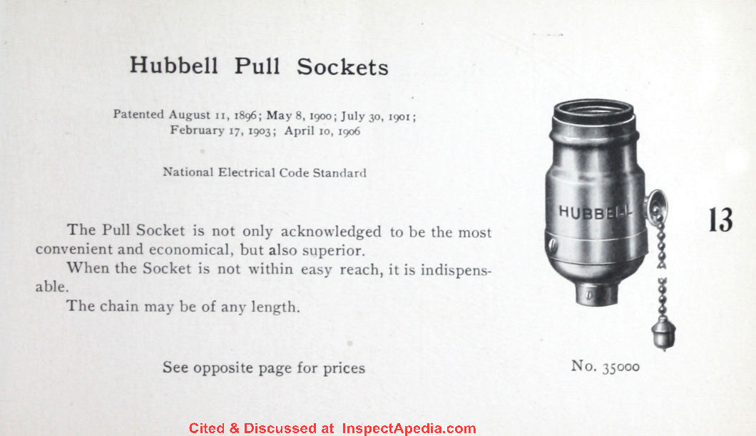 Hubbell pull socket chain operated light switch - cited & discussed at InspectApedia.com