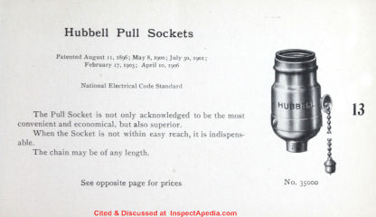 Hubbell pull socket chain operated light switch - cited & discussed at InspectApedia.com