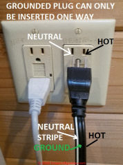 Grounded wall plugs will only insert into the the wall electrical receptacle one-way, the proper way (C) Daniel Friedman at InspectApedia.com