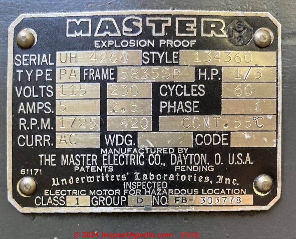 Master Electric Motor, Explosion Proof, Data Tag (C) InspectApedia.com Steve