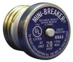Mini circuit breake built into a screw-in Edison base fuse for fuse panels - at InspectApedia.com - shown, Mini-Breaker from Mechanical Products, jackson MI E-14942, sold by elecrical suppliers