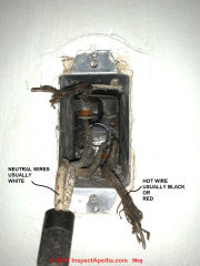 Old cloth covered electrical wires: how to identify hot, neutral, ground (C) InspectApedia.com Meg