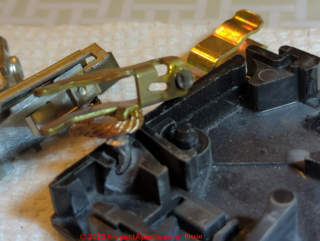 Photos of probably minor blacking burning of contact surfaces in a QO circuit breaker (C) InspectApedia.com Riccio