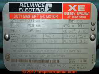 Reliance Electric Duty Master A-C Motor data tag (C) InspectApedia.com