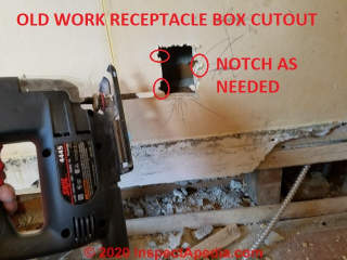 Cutting wall opening in a plaster-lath wall to add an electrical receptacle or "outlet" or "wall plug" (C) Daniel Friedmab at InspectApedia.com