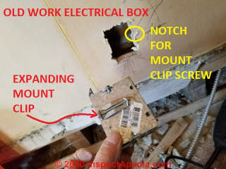 Installing the old work electrical box to add recptacles on second floor of a 1910 home (C) Daniel Friedman at InspectApedia.com